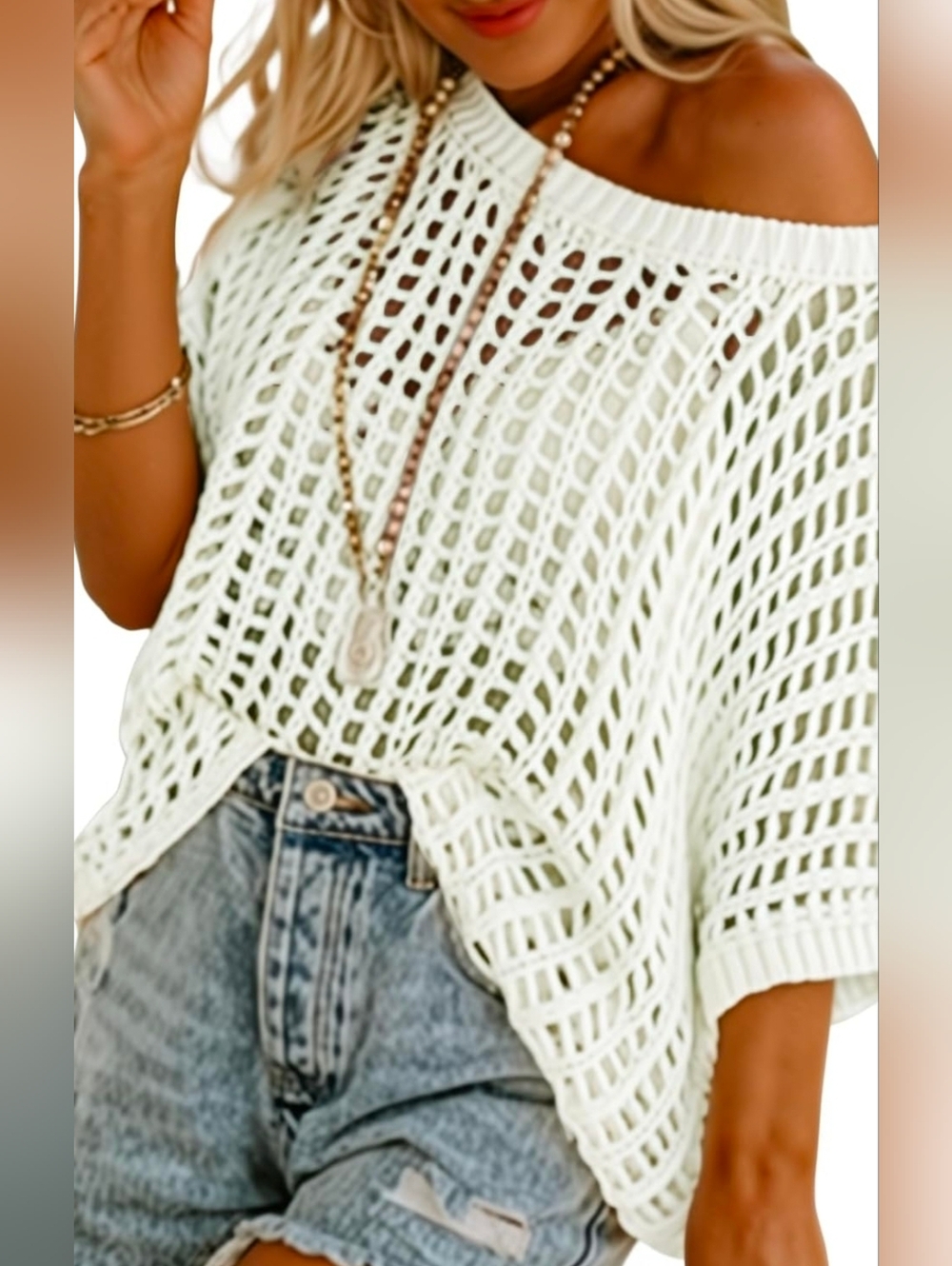 Dokotoo Hollow Out Open-Knit Short Sleeve Sweater Size:XL